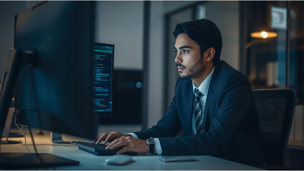 Man in a suit working at a computer in an office setting, focused on the screen.